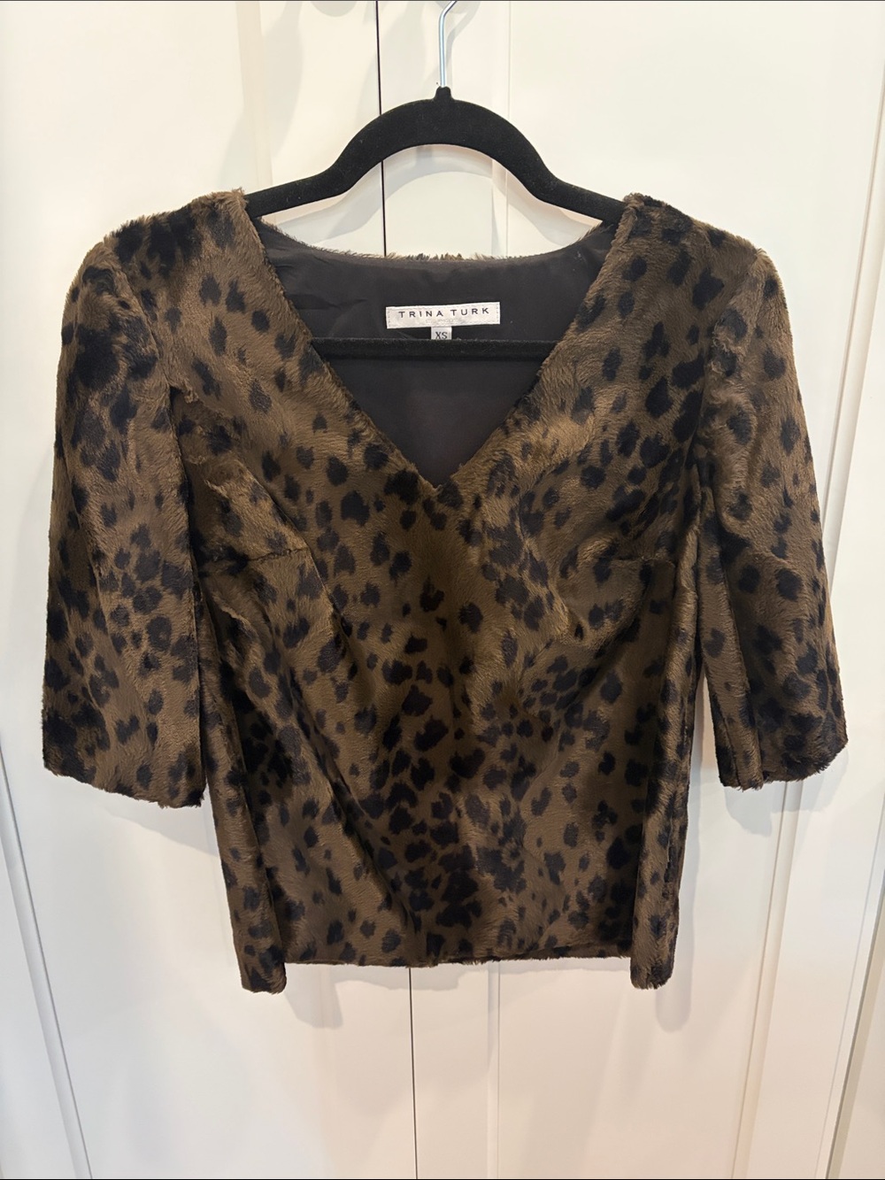 Trina Turk Olive Brown Leopard-Print V-Neck Blouse NWOT